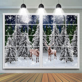 Lofaris Snowy Winter Deers In Forest Out Of Window Backdrop